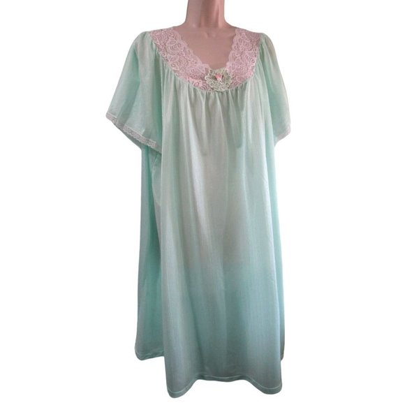 Sears Carriage Court Mint Green Short Night Gown Lace Trim Damask Stripe One Sz - Picture 1 of 16